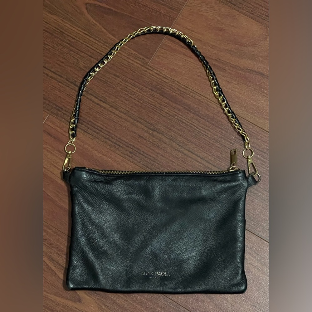 Vintage Anna Paola black leather purse bag Gold chain woven black leather soft